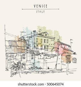 Canal bank in Venice, Italy, Europe. Historic buildings Vintage hand drawn travel sketch. Retro style touristic postcard, poster, calendar or book illustration in vector