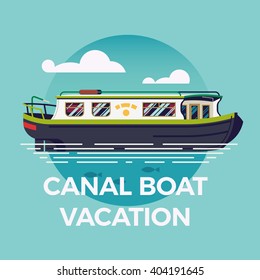 Canal boat vacation concept illustration with narrowboat in flat design. Recreational waterway travel, vacation journey, leisure cruise river trip background