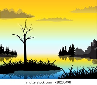 Canal and grass sunset vector drawn