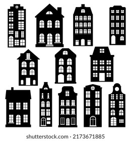 Canal House vector,Set of Amsterdam style houses in black and white,silhouettes of buildings, vector illustration