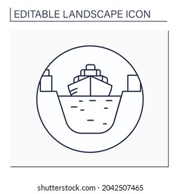 Canal line icon.Artificial waterway. Canal allows passage of boats or ships inland.Landscape concept.Isolated vector illustration. Editable stroke