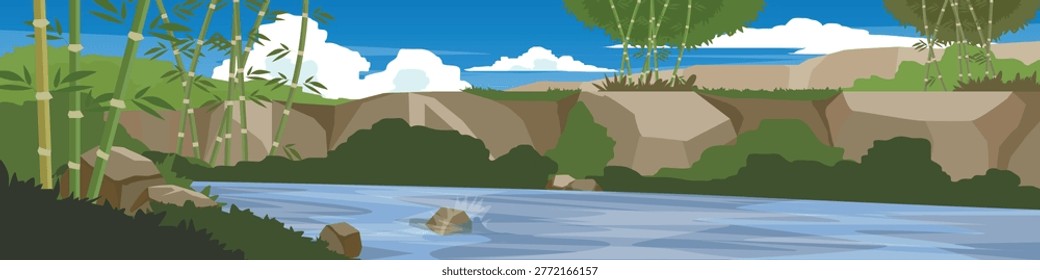 Canal or River flows through a bamboo forest environment. Background consists of rolling hills. Under blue sky and white clouds for banner nature background.