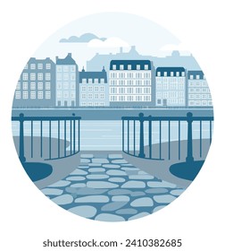Canal view with European buildings and cobblestone pavement. Cityscape with a river, vintage architecture, and railing. Tranquil urban scene vector illustration.