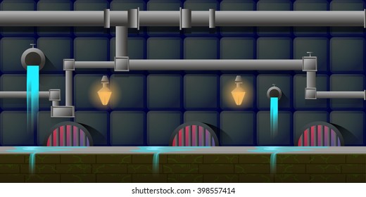 canalization underground game background 2d game application. Vector design. Tileable horizontally. Size 1024x512. Ready for parallax effect 