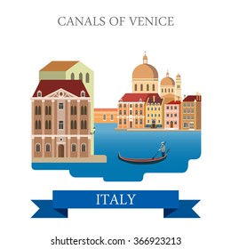 Canals of Venice gondola in Italy. Flat cartoon style gondolier historic sight showplace attraction web vector illustration template. World countries cities vacation travel sightseeing collection