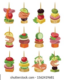 Canape of appetizer cartoon vector illustration on white background .Canape for buffet set icon. Vector illustration cold food.Set icon cold appetizer.