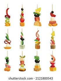 Canape of appetizer with different toppings. Various snacks for party, cold food on wooden sticks. Canapes for buffet, icon set isolated on white background. Sandwhiches for gourmet table