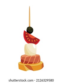 Canape of appetizer with toppings. Snack for party, cold food on wooden stick. Canape for buffet, icon isolated on white background. Sandwhich for gourmet table