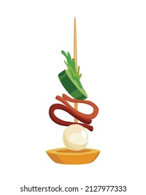 Canape of appetizer with toppings. Snack for party, cold food on wooden stick. Canape for buffet, icon isolated on white background. Sandwhich for gourmet table