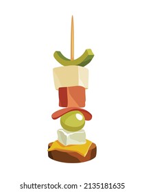 Canape of appetizer with toppings. Snack for party, cold food on wooden stick. Canape for buffet, icon isolated on white background. Sandwhich for gourmet table