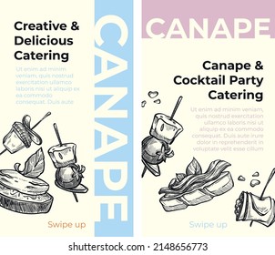 Canape and cocktail party catering, creative and delicious snacks and meal for special occasions or holiday. Cooking service for holidays and celebration tables arrangement. Vector in flat style