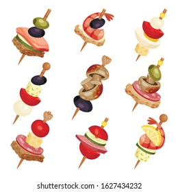 Canape with Different Ingredients Isolated on White Background Vector Set