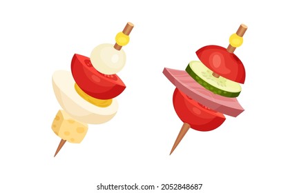 Canape or Finger Food Skewered on Cocktail Stick as Small Individual Portion Vector Set