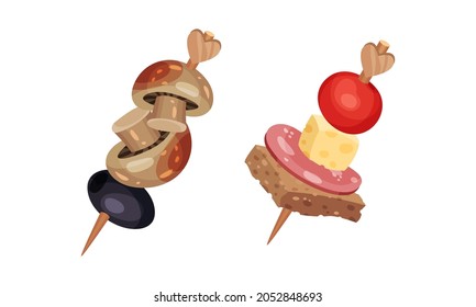 Canape or Finger Food Skewered on Cocktail Stick as Small Individual Portion Vector Set