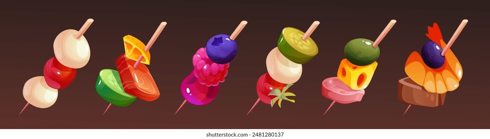 Canape food and finger tapas buffet appetizer vector illustration. Isolated starter dish on toothpick. Vegetable, fruit, salmon and berry on stick for party catering or served dinner snack collection