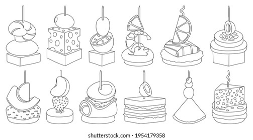 Canape and food outline vector set illustration of icon.Food and appetizer vector set of icon.Canape outline collection on white background.