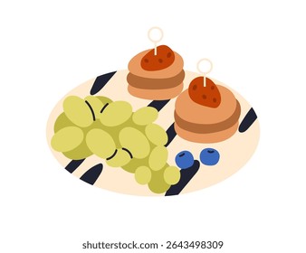 Canape, grapes and blueberry, party snacks plate. Mini pancakes with strawberry, berries, fruits served on platter, dish. Finger food for picnic. Flat vector illustration isolated on white background