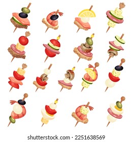 Canape on Skewers as Tasty Snacks and Appetizer Big Vector Set