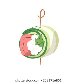 Canape on stick. Cold snack, buffet finger food, bite with salmon, cucumber slice and cream cheese on little skewer. Mini appetizer with fish. Flat vector illustration isolated on white background