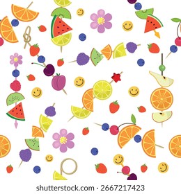 Canape pattern. thin sticks for different tasty snacks products fruits. vector seamless background