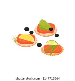 Canape with salmon, cheese, lettuce and olives, banquet snack vector Illustration on a white background
