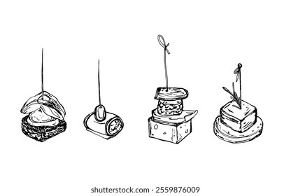 Canape set isolated Vector sketch, small sandwich strung on skewer. Snack for alcohol, appetizer. Black and white sketch on white background.