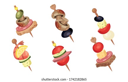 Canape Snacks with Seafood and Mushrooms Skewered on Wooden Sticks Vector Set