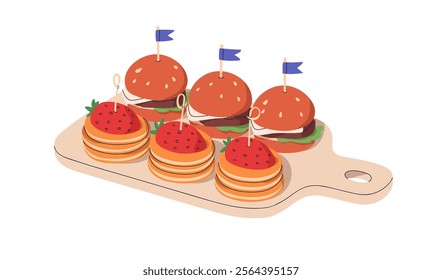 Canape, tapas set. Mini burgers and tiny sweet pancakes served on board. Miniature finger food, snacks on toothpicks. Appetizers, starters. Flat vector illustration isolated on white background