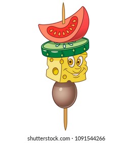 Canape with vegetables. Appetizer or fast food idea. Happy cartoon design for kids coloring book, colouring page, t-shirt print, icon, logo, label, patch, sticker.