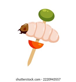 Canapes with edible larva. Asian cuisine and delicacies. Beetle caterpillar on a stick with olive and tomato. Protein snack.