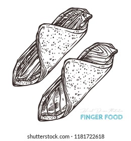 Canapes finger food. Vector sketch hand drawn illustration of appetizer with salmon