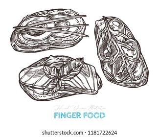 Canapes finger food. Vector sketch hand drawn illustration of crostini with different topping. Bruschetta with salami, eggs, salmon, cheese and greenery