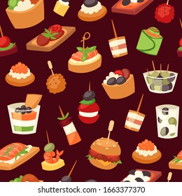 Canapes, mini burgers, appetizer, finger food with caviar, olives and green vegetables cartoon seamless pattern vector illustration. Buffet, restaurant canape finger food and snack webpage.