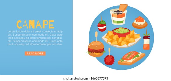 Canapes, mini burgers, appetizer, finger food with caviar, olives and green vegetables cartoon web banner with typography vector illustration. Buffet, restaurant canape finger food and snack webpage.