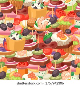 Canapes on seamless texture, appetizer gourmet food, bread, olives and fish dinner in restaurant, cartoon vector illustration. Varied healthy, fresh food, buffet, delicious breakfast seamless pattern.
