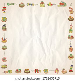 Canapes and sandwiches elements frame on a rough paper, hand drawn doodle style vector illustration