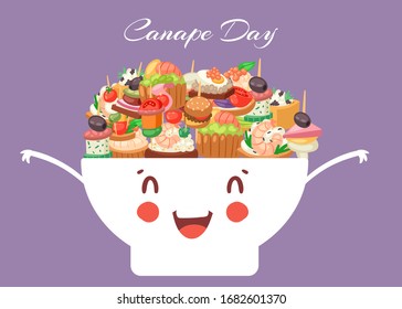 Canapes, tapas, appetizer cute kawaii bowl with caviar, olives and green vegetables cartoon vector illustration. Buffet, restaurant canape pre food and funny snack poster.