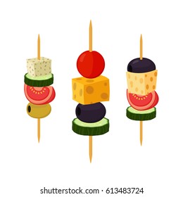 Canapes, tapas in cartoon flat style. Buffet, restaurant food, appetizer, snack. Olive, ham, cheese, brie, tomato, cucumber and other vegetables, meat.