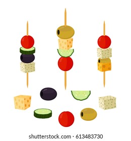 Canapes, tapas in cartoon flat style. Buffet, restaurant food, appetizer, snack. Olive, ham, cheese, brie, tomato, cucumber and other vegetables, meat.
