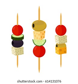 Canapes, tapas in cartoon flat style. Buffet, restaurant food, appetizer, snack. Olive, ham, cheese, brie, tomato, cucumber and other vegetables, meat.