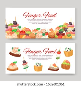 Canapes, tapas on plate, appetizer, finger food with caviar, olives and green vegetables cartoon banners set vector illustration. Buffet, restaurant canape finger food and snack poster.