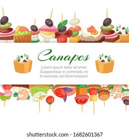 Canapes, tapas on plate, appetizer, finger food with caviar, olives and green vegetables cartoon banner with lettering vector illustration. Buffet, restaurant canape finger food and snack poster.