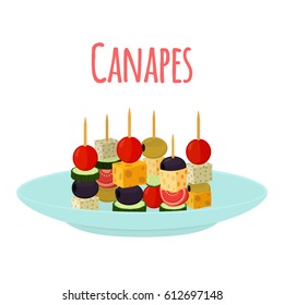 Canapes, tapas on plate, dish. Cartoon flat style. Buffet, restaurant food, appetizer, snack.