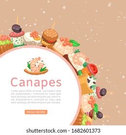 Canapes, tapas on plate web banner, appetizer dish with caviar, olives and green vegetables cartoon vector illustration. Buffet, restaurant canape pre food and snack.