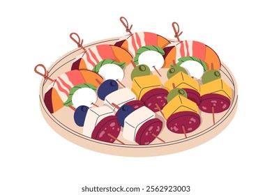 Canapes, tapas on toothpicks served on plate. Mini appetizers, starters, cold snack on platter. Festive banquet finger food with cheese, bacon. Flat vector illustration isolated on white background