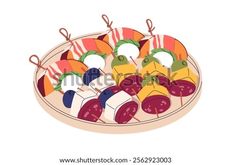 Canapes, tapas on toothpicks served on plate. Mini appetizers, starters, cold snack on platter. Festive banquet finger food with cheese, bacon. Flat vector illustration isolated on white background