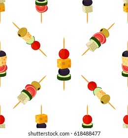 Canapes, tapas seamless pattern. Cartoon flat style. Buffet, restaurant food, appetizer, snack. Olive, ham, cheese, brie, tomato, cucumber and other vegetables, meat.