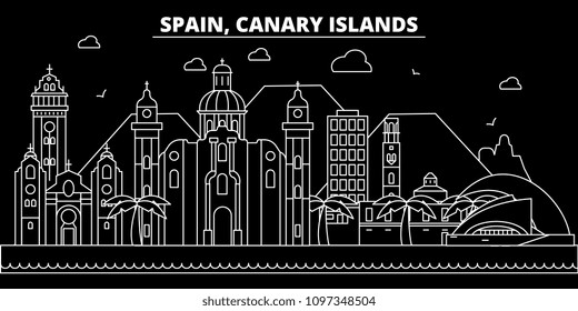 Canarian Islands silhouette skyline. Spain - Canarian Islands vector city, spanish linear architecture. Canarian Islands travel illustration, outline landmarks. Spain flat icon, spanish line banner