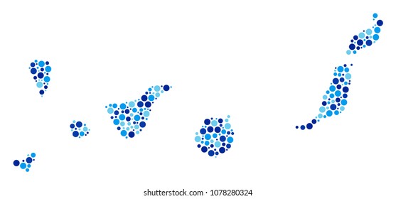 Canarian Spain Islands Map composition of round dots in variable sizes and blue color tints. Scattered spheric items are organized into Canarian Spain Islands Map composition.