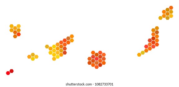 Canarian Spain Islands map. Vector hex tile territory map in orange color tones. Abstract Canarian Spain Islands map collage is created with burn honeycomb dots.
